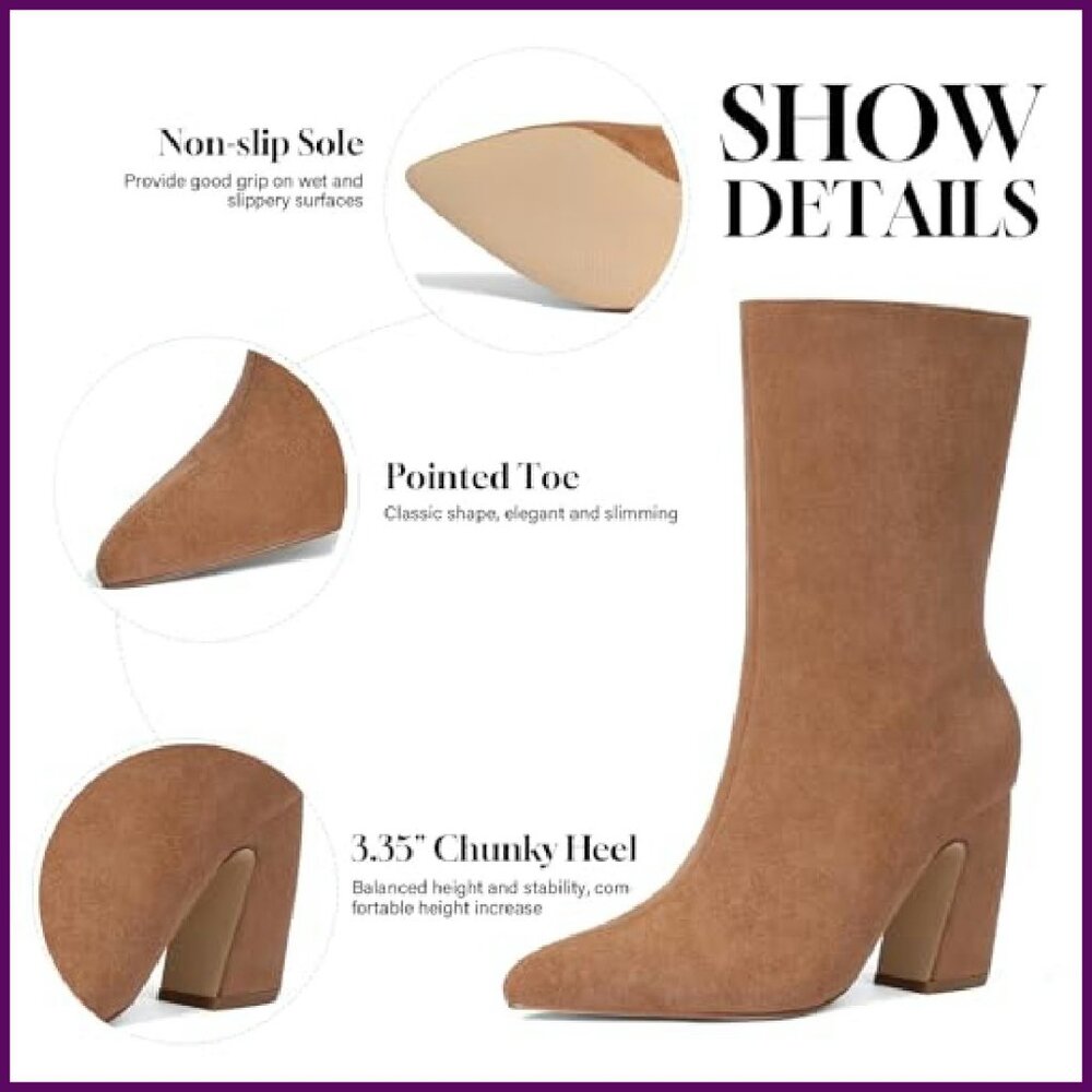 Women's Suede Ankle Boots Pointed Toe 3.35" Heel Wide Calf Winter Booties - Picture 5 of 8